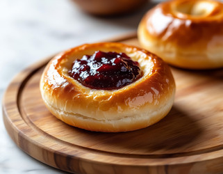 Золотисто-коричневая булочка из теста с ярким джемом из красных ягод на деревянной подставке. Теплая и уютная атмосфера - Kulkann75