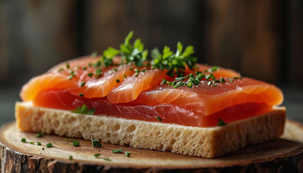 Slice of fresh salmon on toasted bread with cream cheese and dill – top view - Kulkann75