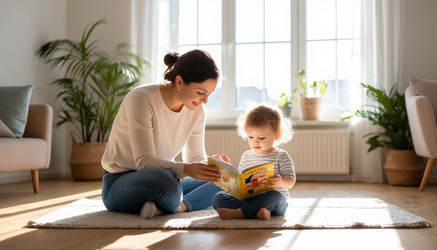 Мать и маленький ребенок сидят на полу в светлой комнате и читают книгу. Уютная семейная атмосфера для воспитания детей, обучения или укладывания спать - Kulkann75