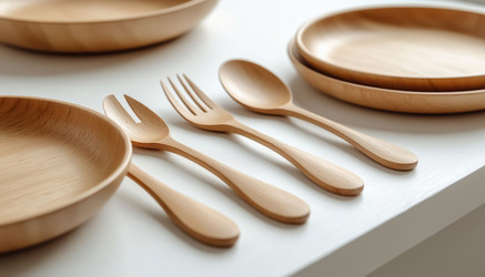 Wooden Eco Friendly Dishes on White Table – Natural Kitchenware, Sustainable Bamboo Plates and Bowls - Kulkann75