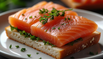 Red fish toast with butter and capers on rustic wooden board – close-up - Kulkann75