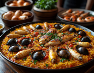 Classic Valencian paella with chicken, rabbit, and snails – traditional Spanish rice dish top view - Kulkann75