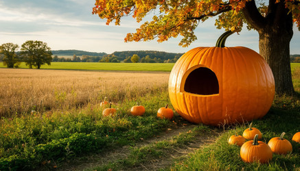 Autumn Art, Small House in Field with Giant Pumpkins – Fall Fantasy Landscape, Cozy Cottage Surrounded by Huge Harvest Pumpkins - Kulkann75
