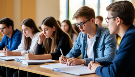 Студенты колледжа учатся за партами во время уроков, занятий с преподавателем или презентаций, посвященных организованному обучению, учебе или подготовке к экзаменам - Kulkann75