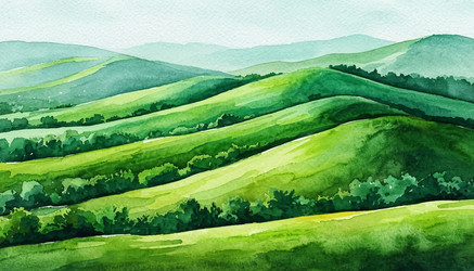 Акварельное искусство Green Hills — мягкая пейзажная живопись, пастельная природа для настенного искусства и иллюстрации - Kulkann75