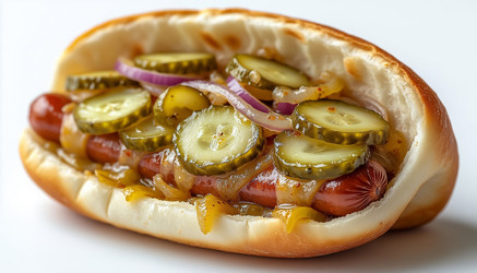Сочная колбаска в булочке с маринованными чипсами, луком и сливочным соусом – домашняя закуска - Kulkann75