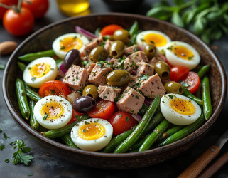 Салат Нисуаз с тунцом, анчоусами, оливками, зеленой фасолью, помидорами и яйцами – вид сверху - Kulkann75