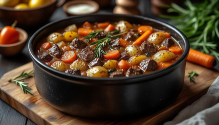 Крупный план дымящегося овощного рагу с мясом, подаваемого в коричневом керамическом горшочке; Сытное блюдо на темном деревянном столе - Kulkann75
