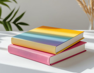Книги в пастельных тонах, сложенные стопкой на белом столе, мягкий, красочный минималистичный предмет в стиле плоской кладки - Kulkann75