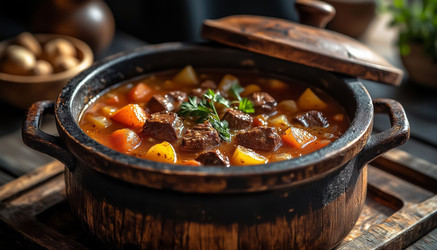 Крупный план дымящегося овощного рагу с мясом, подаваемого в коричневом керамическом горшочке; Сытное блюдо на темном деревянном столе - Kulkann75