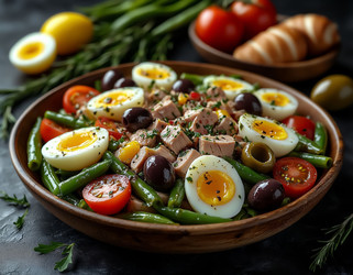 Салат Нисуаз с тунцом, анчоусами, оливками, зеленой фасолью, помидорами и яйцами – вид сверху - Kulkann75