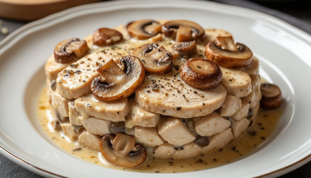Hot julienne with chicken, mushrooms, and melted cheese in ceramic cocotte – close-up - Kulkann75