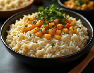 Creamy golden risotto with tender rice texture – Italian dish close-up on rustic plate - Kulkann75