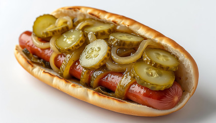 Juicy sausage in bun with pickle chips, onion and creamy sauce – homemade snack - Kulkann75