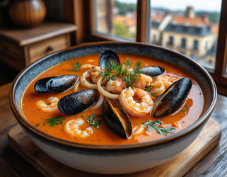 Traditional Provençal bouillabaisse with assorted seafood and broth – top view on wooden board - Kulkann75