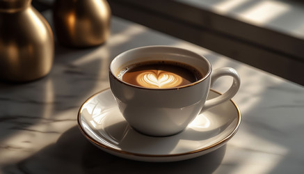 Morning coffee in white ceramic cup on wooden table – cozy breakfast top view - Kulkann75