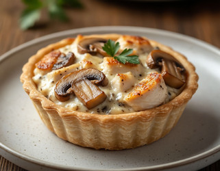 Creamy chicken and mushroom julienne baked with cheese crust – top view on dark board - Kulkann75