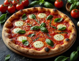 Classic pizza with tomato sauce, mozzarella, and fresh basil – top view on rustic board - Kulkann75
