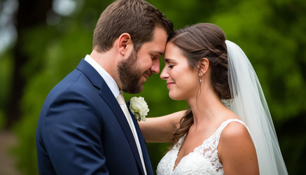 Newlyweds groom and bride kissing on sunset – love and marriage celebration - Kulkann75