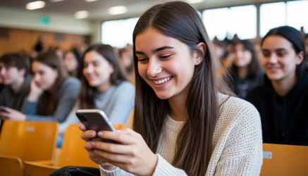 Счастливая студентка улыбается и пользуется смартфоном в лекционном зале университета. Молодая женщина в сфере образования, социальных сетей или современного обучения - Kulkann75