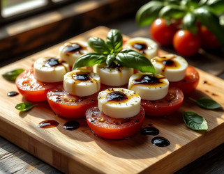 Caprese salad with fresh tomato, mozzarella, basil, and balsamic glaze – top view - Kulkann75