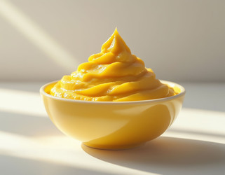 Smooth yellow mustard dip in small bowl on rustic table – top view - Kulkann75