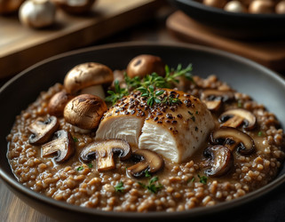 Buckwheat porridge with sautéed mushrooms, chicken, and cream sauce – rustic close-up - Kulkann75