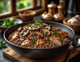 Крупный план сытной гречневой каши с курицей, грибами и сливочным соусом - Kulkann75