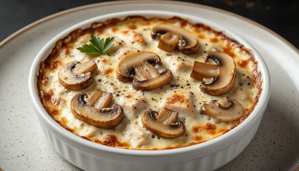 Горячий жульен с курицей, грибами и плавленым сыром в керамической кокотнице – крупный план - Kulkann75
