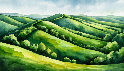 Акварельное искусство Green Hills — мягкая пейзажная живопись, пастельная природа для настенного искусства и иллюстрации - Kulkann75