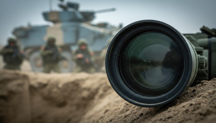 Крупный план объектива военного оптического прицела на земле, на котором размыты силуэты солдат и бронетехники в пыльной пустынной местности - vidoc