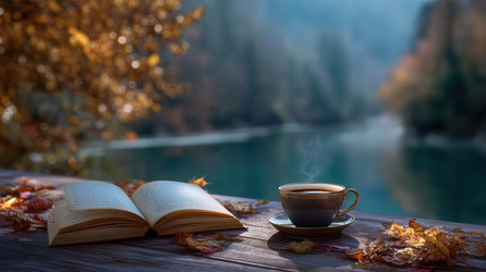 Открытая книга и чашка кофе на деревянной террасе у озера - Neirfy