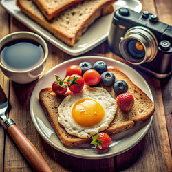 Вкусный завтрак с яйцами, тостами и кофе при естественном освещении. Генеративный ИИ - RomanZ