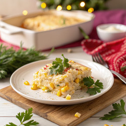 Вкусная кукурузная запеканка, подается на белой тарелке со свежей зеленью. Генеративный искусственный интеллект - RomanZ