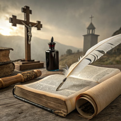 Создание деревенского фона с помощью пера, лежащего на открытой книге. Генеративный ИИ - RomanZ