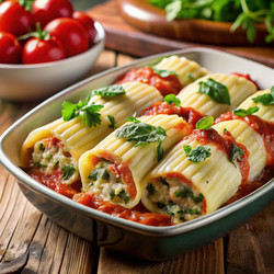 Вкусная запеченная паста со свежей зеленью и помидорами, готовая к подаче! - RomanZ