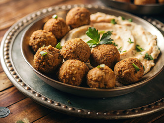 Вкусные золотистые шарики фалафеля, подаваемые на тарелке с хумусом. Генеративный искусственный интеллект - RomanZ
