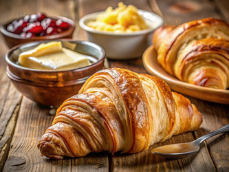 Вкусный классический французский круассан с маслом и джемом на деревенском деревянном столе. Генеративный искусственный интеллект - RomanZ