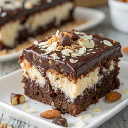 Насладитесь восхитительным кусочком миндального торта «Almond Joy Poke Cake». Генеративный искусственный интеллект - RomanZ
