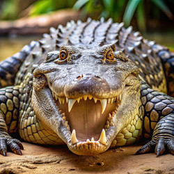 Крокодил Crocodilerz (стандартная чешуя) греется на солнце у кромки воды. Генеративный ИИ - RomanZ