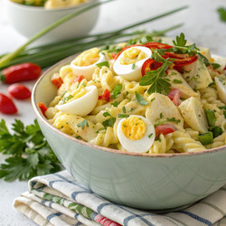 Салат из макарон с фаршированными яйцами, подается в миске со свежей зеленью и овощами. Генеративный искусственный интеллект - RomanZ