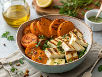 Вкуснейшее блюдо из халлуми и сладкого картофеля с травами и оливковым маслом. Генеративный ИИ - RomanZ