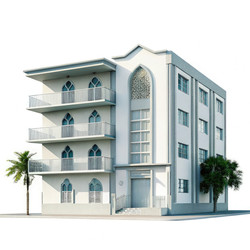Знаковое здание Plaza Apartments на белом фоне с зеленью. Генеративный ИИ - RomanZ