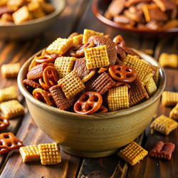 Вкусная смесь Chex Mix со вкусом ириски в деревенской миске на деревянном столе. Генеративный искусственный интеллект - RomanZ