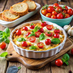 Вкусный сливочный запеченный соус Капрезе, подается со свежими помидорами и хлебом. Генеративный искусственный интеллект - RomanZ