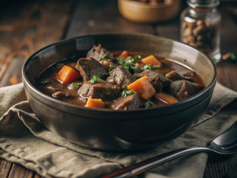 Ароматное рагу из говядины с овощами в уютной тарелке. Генеративный искусственный интеллект - RomanZ
