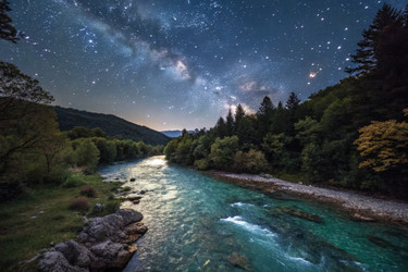 Потрясающее ночное небо над спокойной рекой в окружении деревьев. Генеративный искусственный интеллект - RomanZ