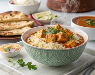 Вкусно приготовленное карри из панира с рисом и лепешкой наан. Генеративный искусственный интеллект - RomanZ