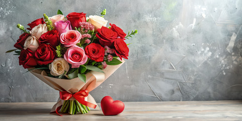 Valentine’s Day Flower Bouquet With Red and Pink Roses on Gray Background. Generative AI - RomanZ
