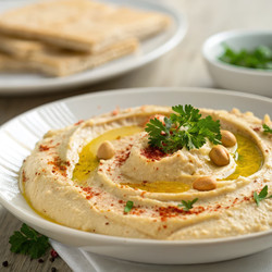 Ассорти из хумуса с оливковым маслом, кедровыми орешками и свежей зеленью на деревянном столе. Генеративный искусственный интеллект - RomanZ